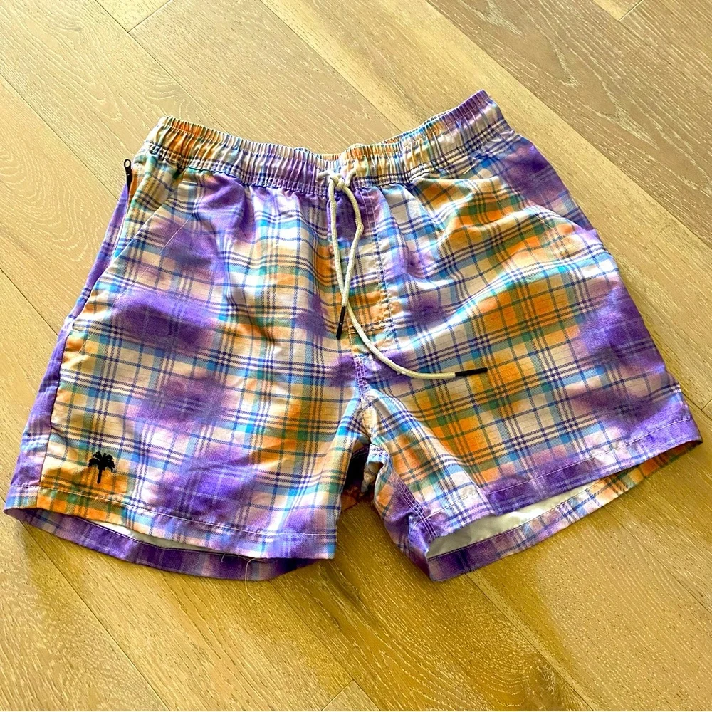 OAS TARTAN TIE DYED 4’ inch swim trunks pockets elastic drawstring waist M